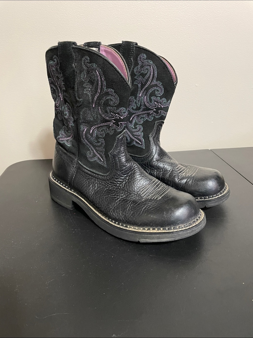 Ariat Fatbaby Black Western Boots with Pink & Teal Embroidery Size 9